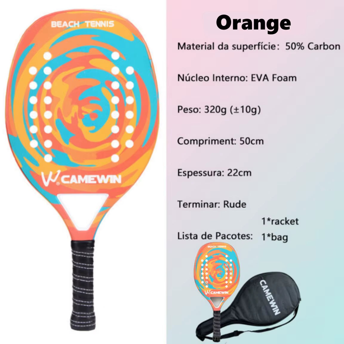 Beach Tennis Racket Padel Paddle 50% Carbon Fiber EVA Core Tennis Racket Lightweight with Protective Bag Cover Soft Face